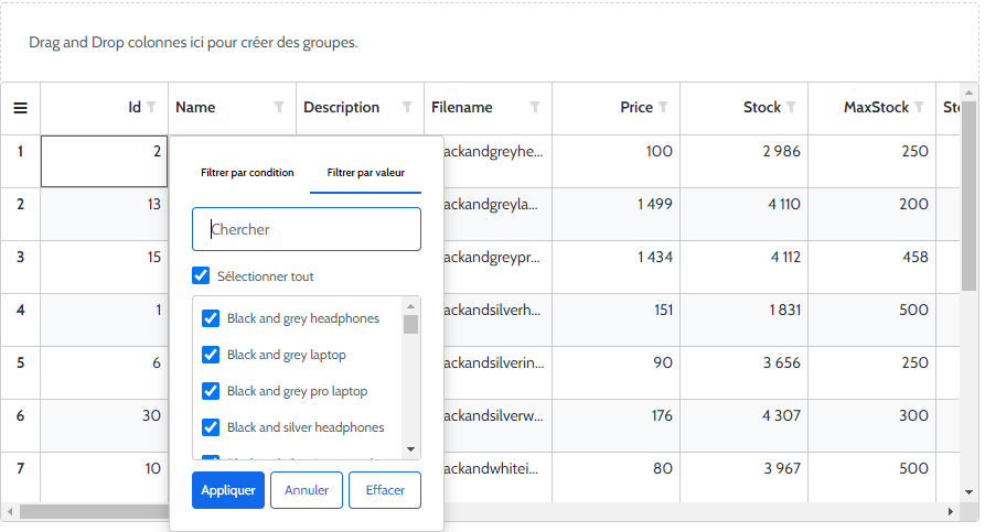 Data Grid features such as filter and group panel translate to French.